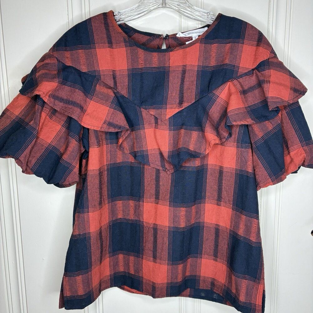 BCBG red navy ruffled balloon sleeve cotton‎ blouse Sz S cottage preppy western